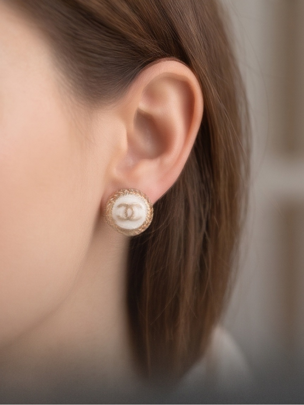 Upcycled White and Gold Round Button Earrings with Logo unbranded Fashion studs